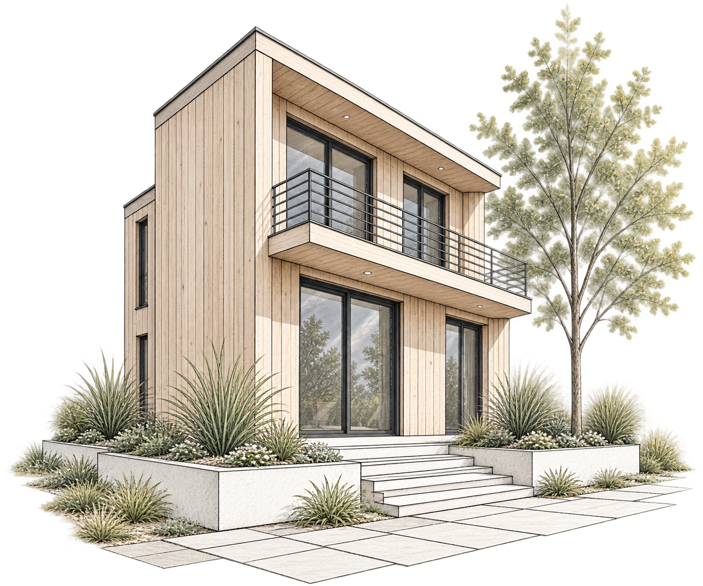 Dessin en couleur d’une maison contemporaine à bardage bois entourée de végétation